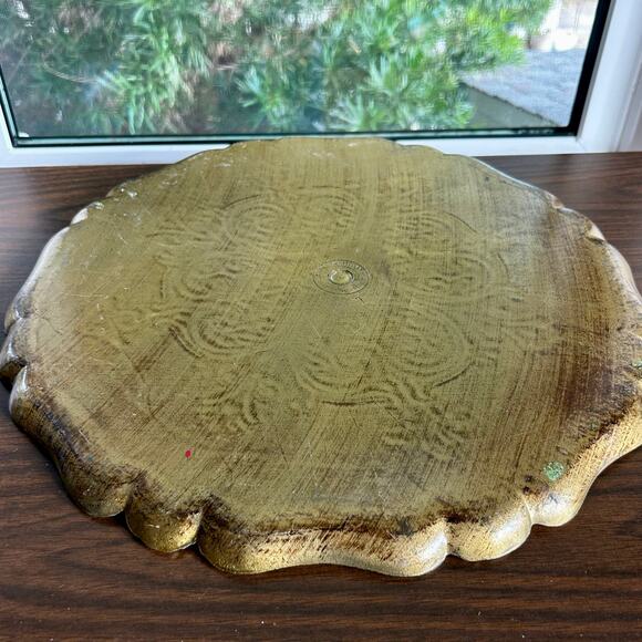Vintage Italian Florentine Green & Gold Round Tray 15.5” Made in Italy - Picture 4 of 11